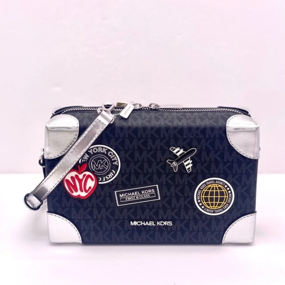 Michael Kors Jeanie Small EW Trunk Crossbody Travel Agency MK Logo Black/Silver